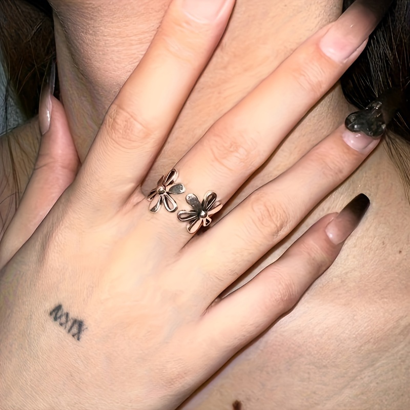 Vintage Flower Cuff Ring Open Adjustable Alloy Ring Daily Wear